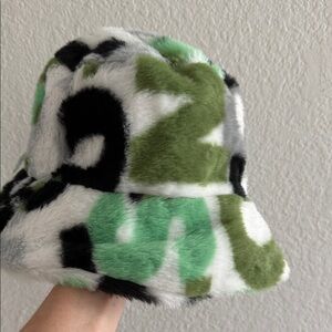 Faux Fur Bucket Hat in Green and Black